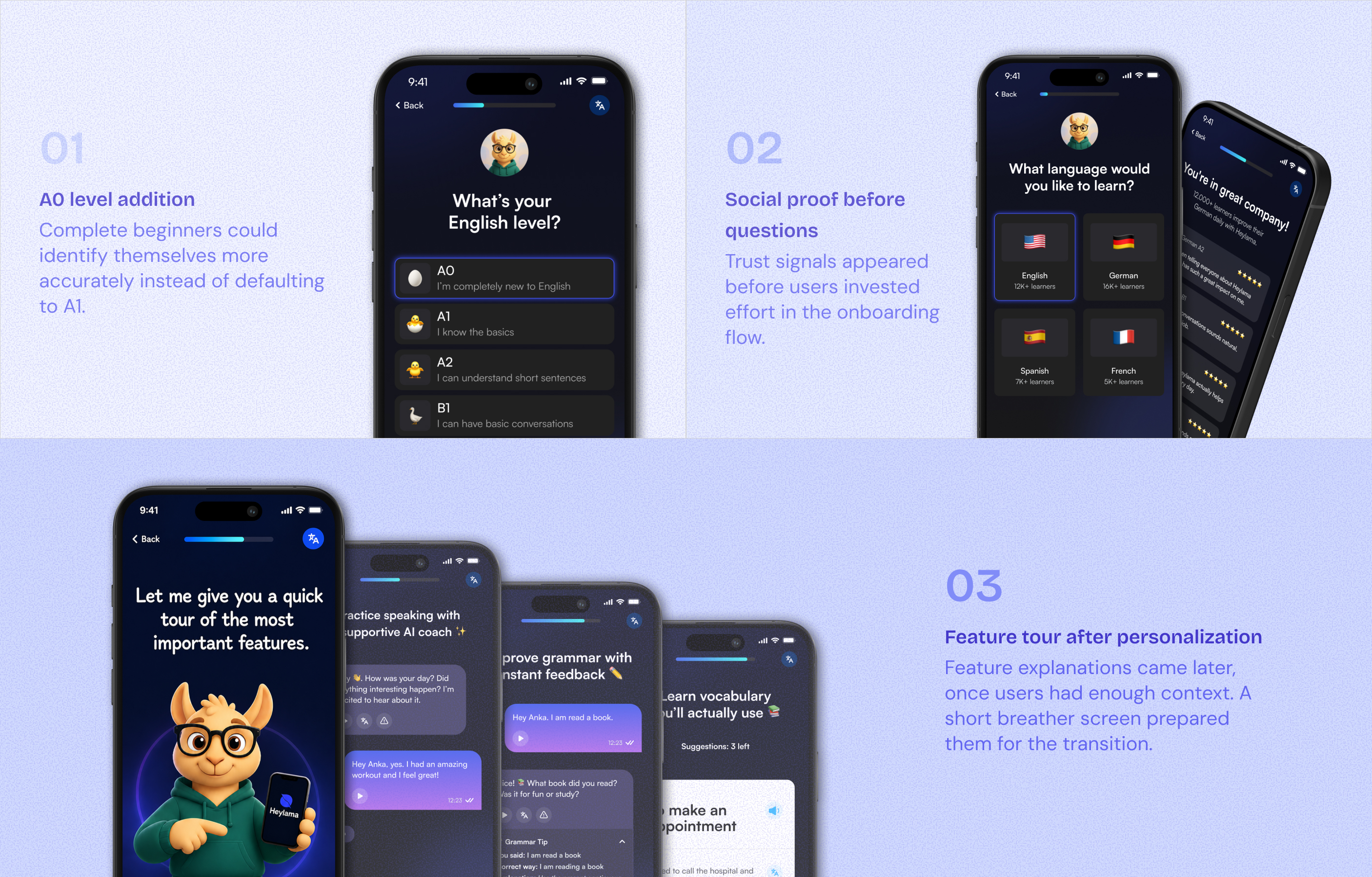 Small copy and sequencing changes across onboarding steps